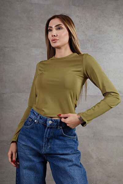 zenne Crew Neck Long Sleeve Finger Detail Basic Bodysuit in Fat Green