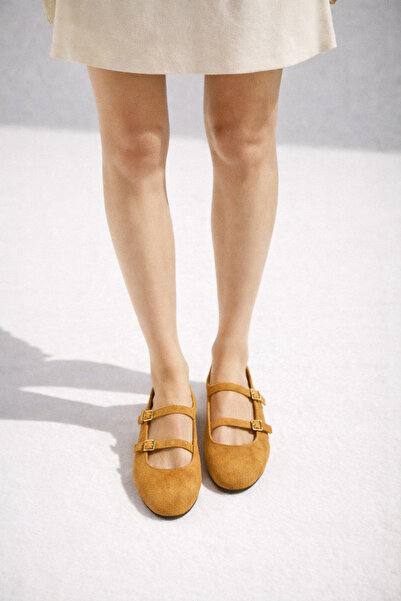 Arzillo Marena Genuine Leather Buckled Mustard Suede Mary Janes Women's Balle...