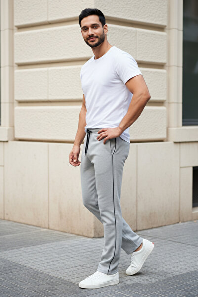 INFLUYENTE Men's Gray Yan Piped Detail Baggy 2 Thread Comfortable Fit Wide Le...