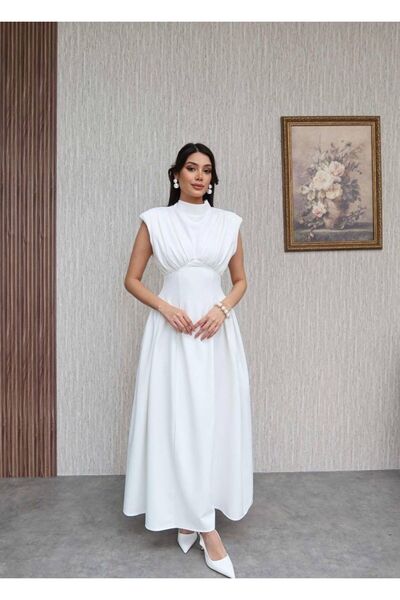mafdress Kadın Vatkalı Belden Oturtmalı Beyaz Sıfır Kol Abiye Elbise