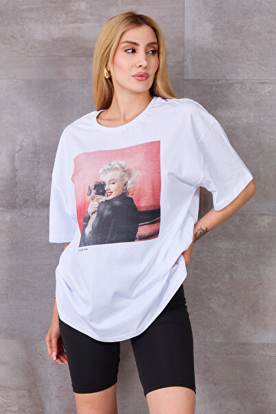 zenne مارلين مونرو مطبوع تي شيرت كبير الحجم باللون الأبيض