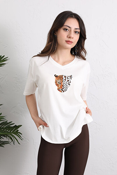 zenne تي شيرت ليبور مطبوع برقبة على شكل حرف V - 1058