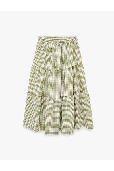 Koton Layered Ruffled Drawstring Waist Plaid Piece Long Skirt