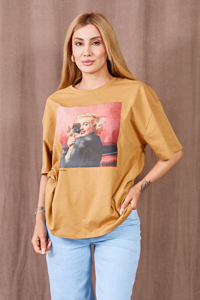 zenne مارلين مونرو مطبوع تي شيرت كبير الحجم باللون الجملي