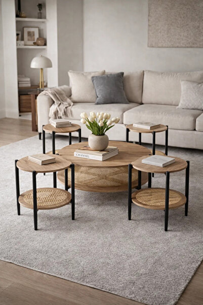 MARIA HOMES Modern 5-Piece Round Nesting Coffee Table Set with Wood Top and R...