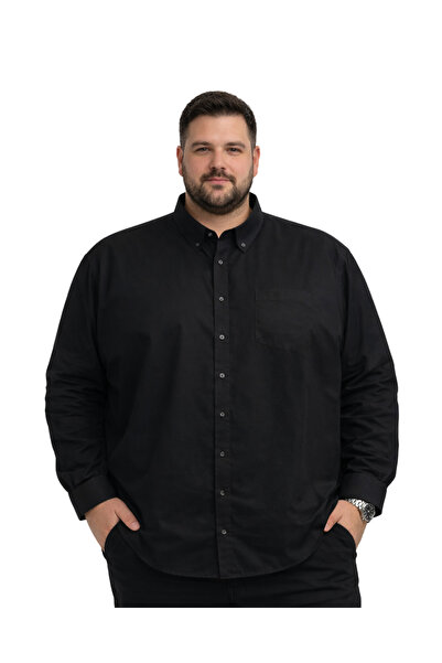 BattalModa Erkek Büyük Beden Siyah Uzun Kollu Gömlek 3XL-4XL-5XL-6XL-7XL-8XL