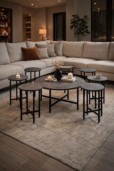 MARIA HOMES Modern 7-Piece Round Coffee Table Set Grey Wood Finish Black Meta...