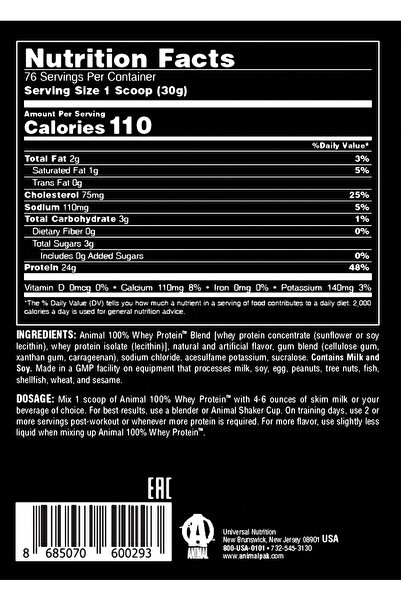 Universal Nutrition Animal 100% Whey 2.3 KG Vanilya Aromalı