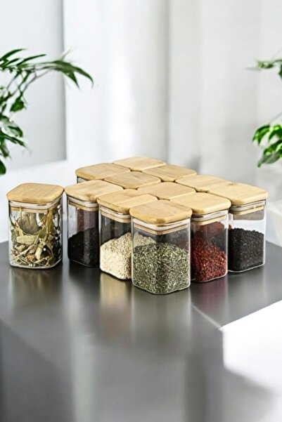 moontime alaçatı 6'lı Bambu Kapaklı Kare Baharatlık Kavanozlar, Vakumlu Kapaklar