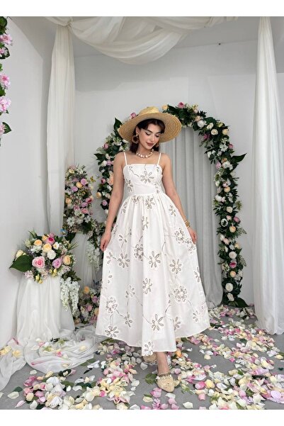 ETİKAFASHION Askılı Brode Poplin Midi Elbise