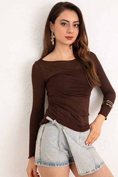 zenne Kayık Yaka Sheer Body 4138 - Brown