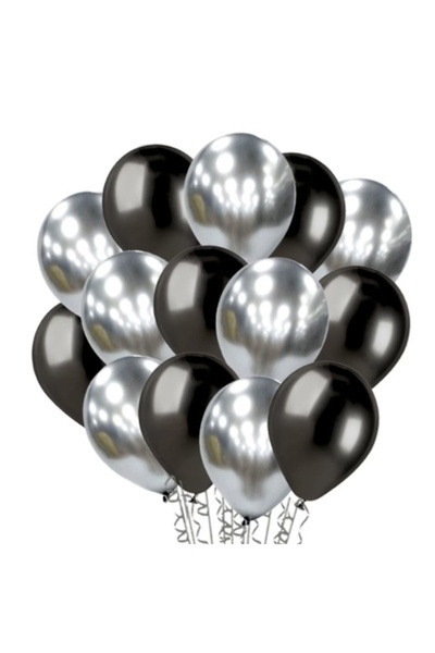 Avaleea Set 10 Baloane din Latex Chrome, Model Party, 23 cm, Negru Argintiu, ...