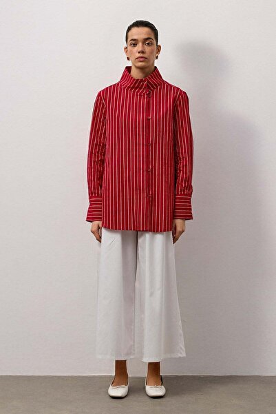 Molene Kırmızı Çizgili Dik Yaka Gömlek