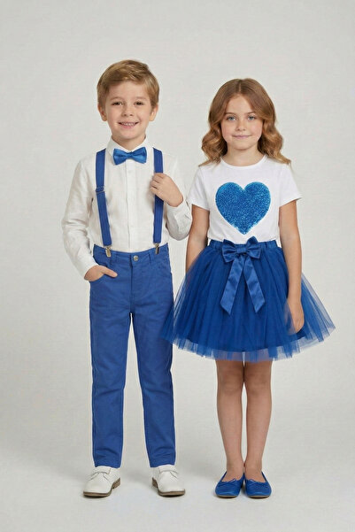 FATELLA 2'li Kız Çocuk Saks Mavi Kalp ve Erkek Çocuk Saks Mavi Takım 23 Nisan...