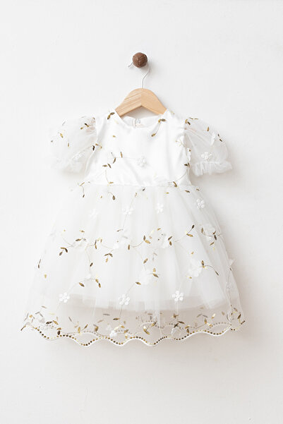 YUKOBABY KIZ BEBEK&ÇOCUK ÇİÇEKLİ FİYONKLU NAKIŞLI ŞIK BAYRAMLIK ELBİSE