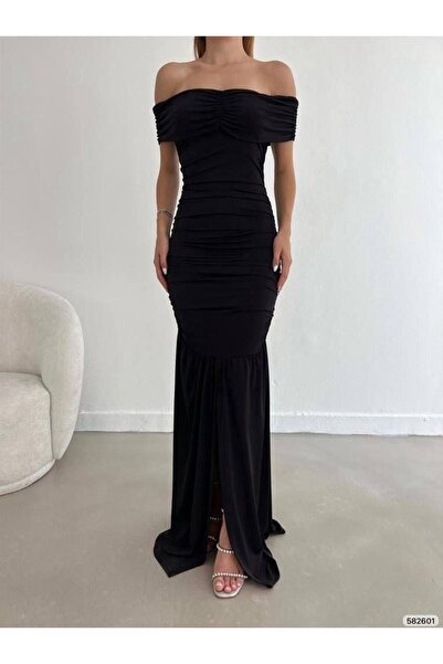 Modafeminen Off-Shoulder Ruched Slit Black Long Evening Dress 582601