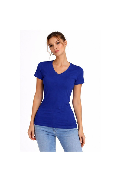 Narnuga Women's T-Shirt V-Neck Slim Fit Lycra T-Shirt Daily Basic Body - Indigo