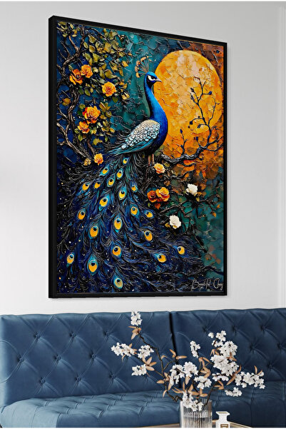 ARTAN GALLERY İtalyan Kadife Tavus Kuşu Sanat Tablosu Yağlı Boya Görünümlü Ah...