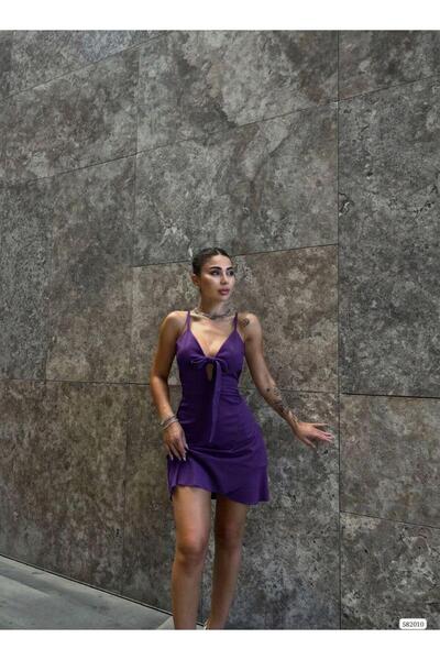 Modafeminen Purple Plunging Neckline Bow Detail Spaghetti Strap Mini Dress 58739