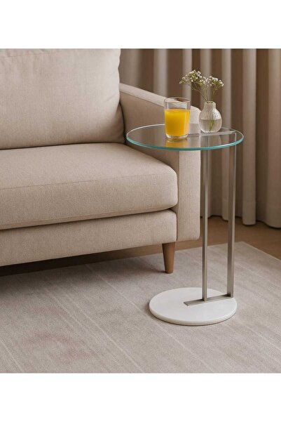 Generic Modern side table in silver with a glass top and artificial marble base