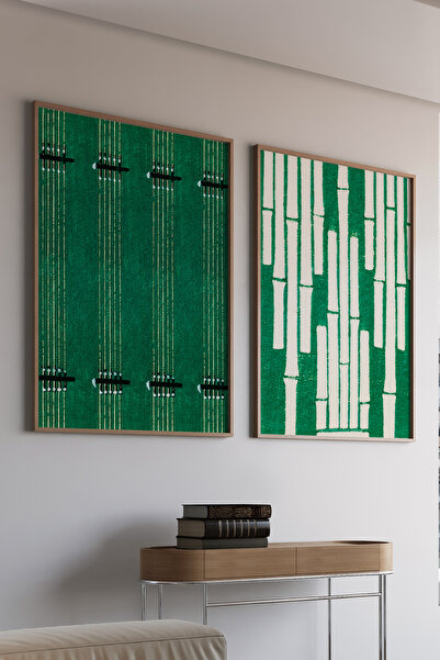 Artiera Σετ ζωγραφικής 2 τεμαχίων με vintage πράσινα σχέδια από μπαμπού Japan...