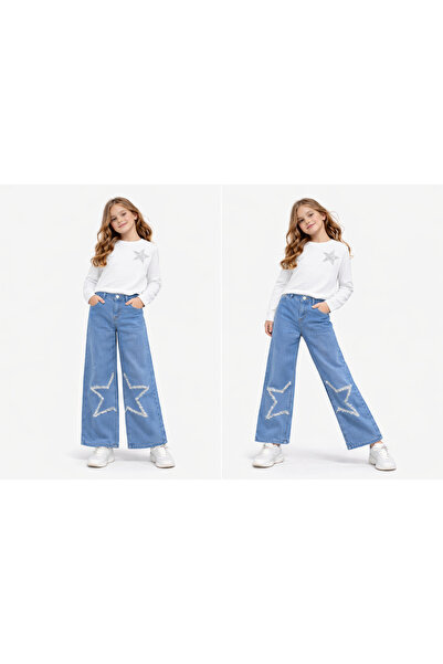 İncilay Kids Hanorac brodat cu stele pentru fete, set de pantaloni din denim ...