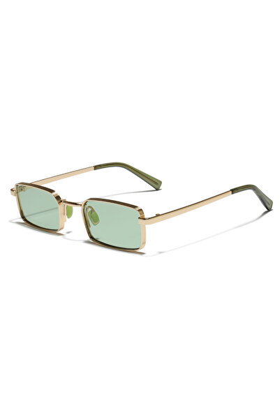 Tessero Retro Rectangular Sunglasses, Textured Gold Metal Frame, Green Lenses...