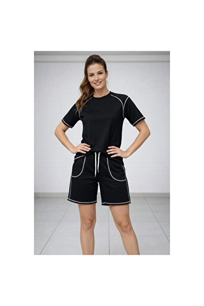 Narnuga Women's Sports T-Shirt Shorts Set Contrast Stitching Detailed Ovarsiz...