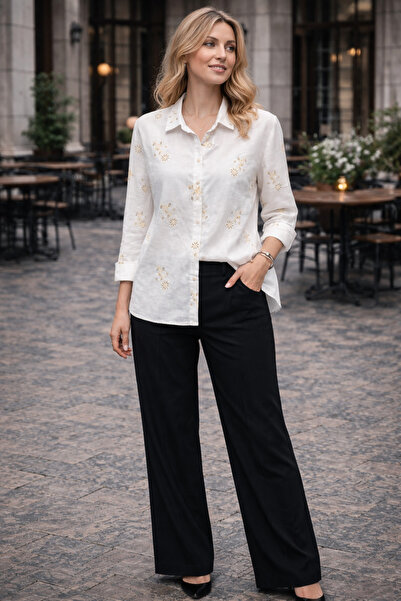 ŞIK VE MUTLU Flower Embroidery Raw K Linen Premium Women's Shirt