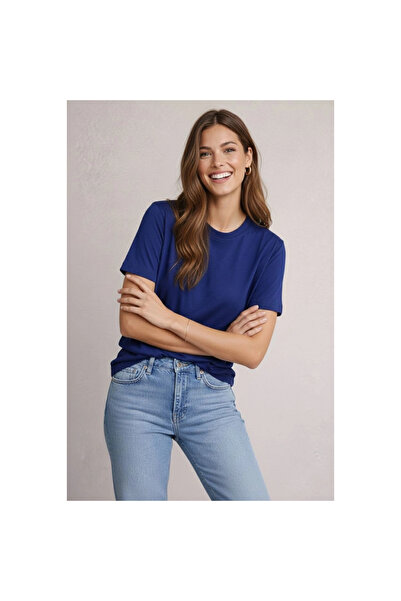 Narnuga تي شيرت نسائي من قماش أوسي مودال ناعم الملمس برقبة دائرية - أزرق داكن