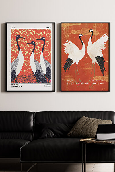 Artiera Σετ ζωγραφικής με ξύλινο πλαίσιο 2 τεμαχίων Red Heron Birds Japandi Art