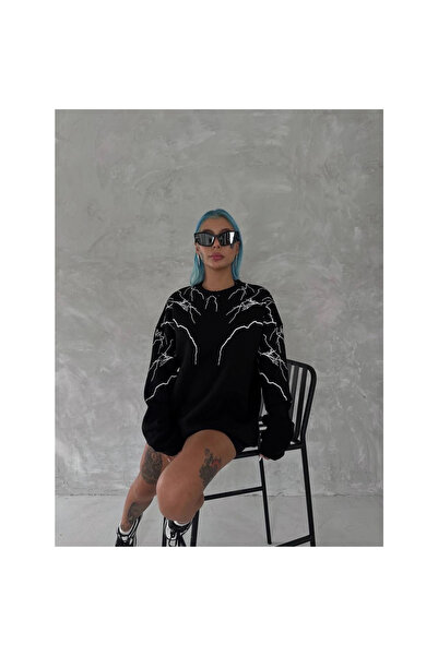 Narnuga    Lightning Printed Crew Neck Sweatshirt - Black