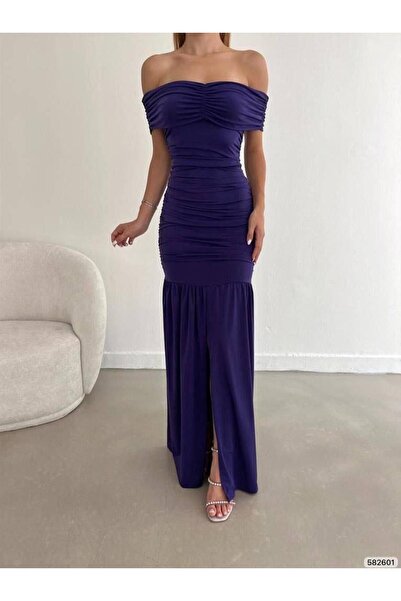 Modafeminen Off Shoulder Ruched Slit Purple Long Evening Dress 582601