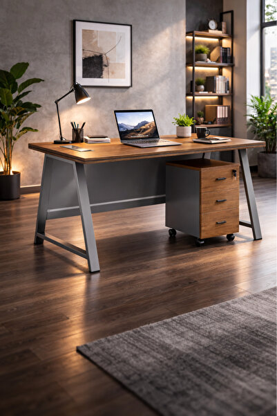 MARIA HOMES مكتب تنفيذي رمادي عصري بسطح خشبي ودرج تخزين – مكتب عمل أنيق