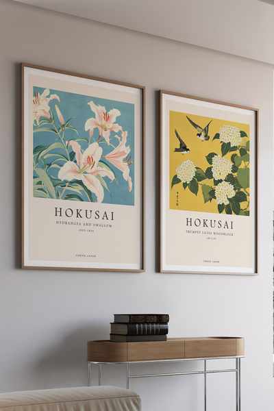 Artiera Σετ ζωγραφικής 2 τεμαχίων Hokusai Yellow Turquoise Flowers Japandi Ar...