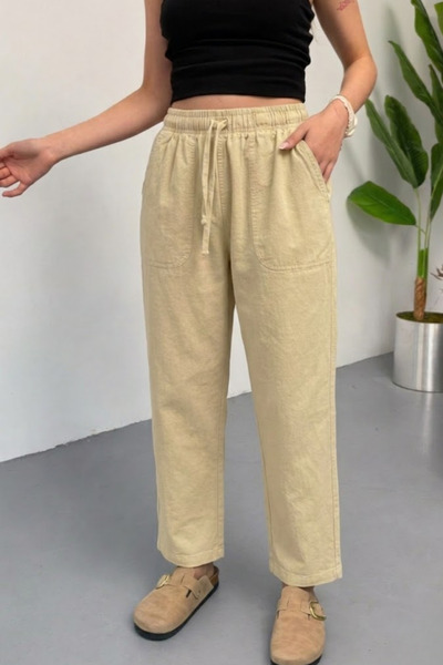 COMBİNE MİCHAİL Γυναικείο παντελόνι με ελαστική μέση, χαλαρό, μπεζ Λινό