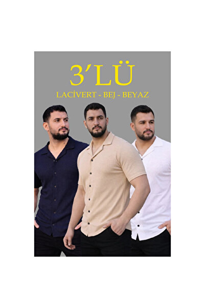 Narnuga Men's Waffle Woven Open Collar Buttoned Regular Fit 3-Piece Shirt Set...