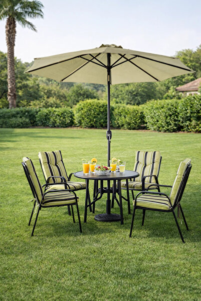 MARIA HOMES Modern Outdoor Garden Dining Set with Parasol Round Table and Fou...