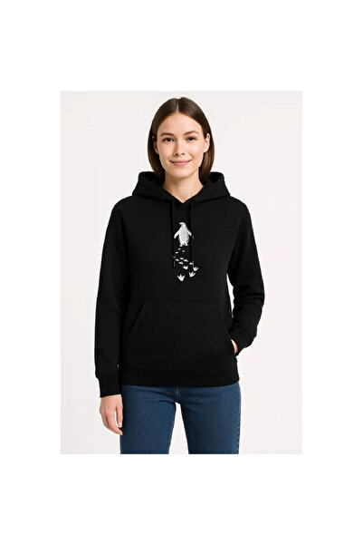Narnuga Women's Nihilist Penguin Themed Oversize Hooded Sweatshirt - Black