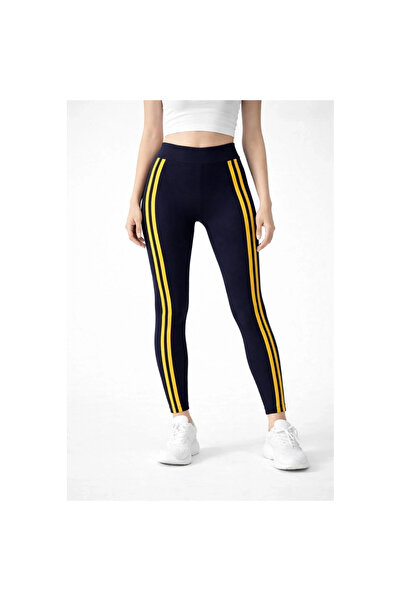 Narnuga Women's Stretch Fabric Side Yellow Stripe Detailed Leggings - Black