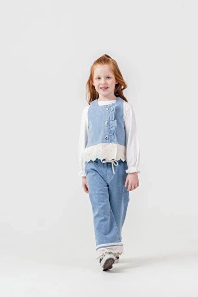 İncilay Kids Girl's Festive Denim Suit Lace Detailed Vest Blouse Pants 3-10 Y...
