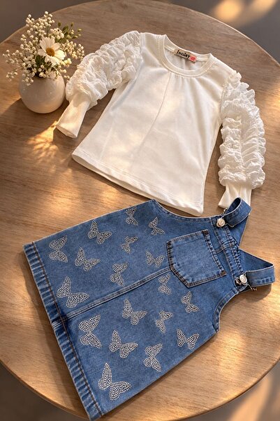 İncilay Kids Kız Çocuk Bayramlık Kelebek Taş İşlemeli Jean Jile Elbise ve Fır...