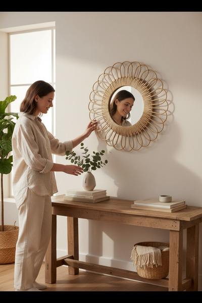 zezedesing Bohem Rattan Hasır Çerçeveli Dekoratif Ayna