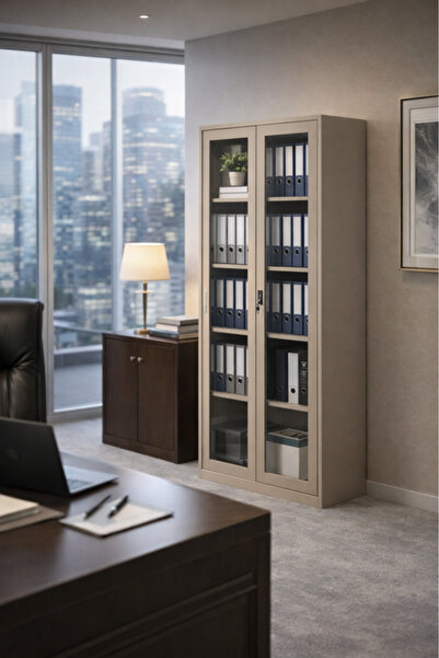 MARIA HOMES Premium Beige Metal Wardrobe Storage Cabinet with Sliding Glass D...