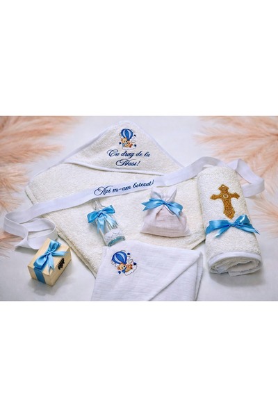 OEM Trusou Botez Teddy Blue Balloon – Brodat – 100% Bumbac – 7 piese