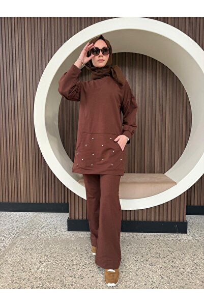 AYSUN AYDEMİR Brown Top and Bottom Two-Piece Hijab Tracksuit Set