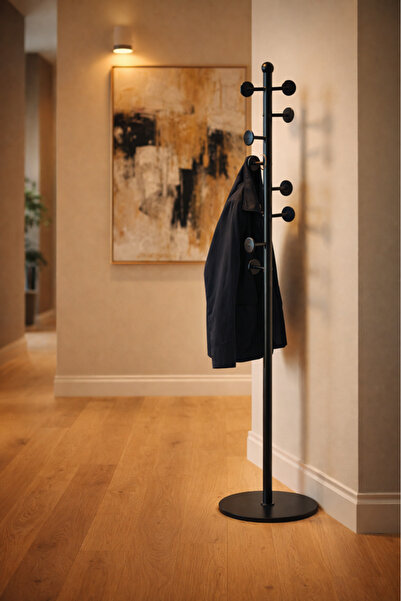 MARIA HOMES Premium Black Metal Floor Standing Coat Hanger with Disk Hooks fo...