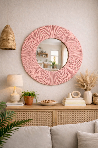 BOHEM Çocuk Odası Yuvarlak Duvar Aynası 50cm Dekoratif Rattan Ayna