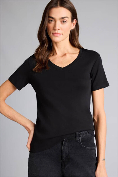 DeFacto 100% Βαμβάκι V-Neck Basic Μαύρο Γυναικείο T-Shirt W9578AZ/BK81