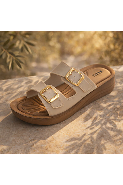 AYLASYA Sue Kadın Çift Tokalı Ortopedik Taban Ev Günlük Kullanım Terlik